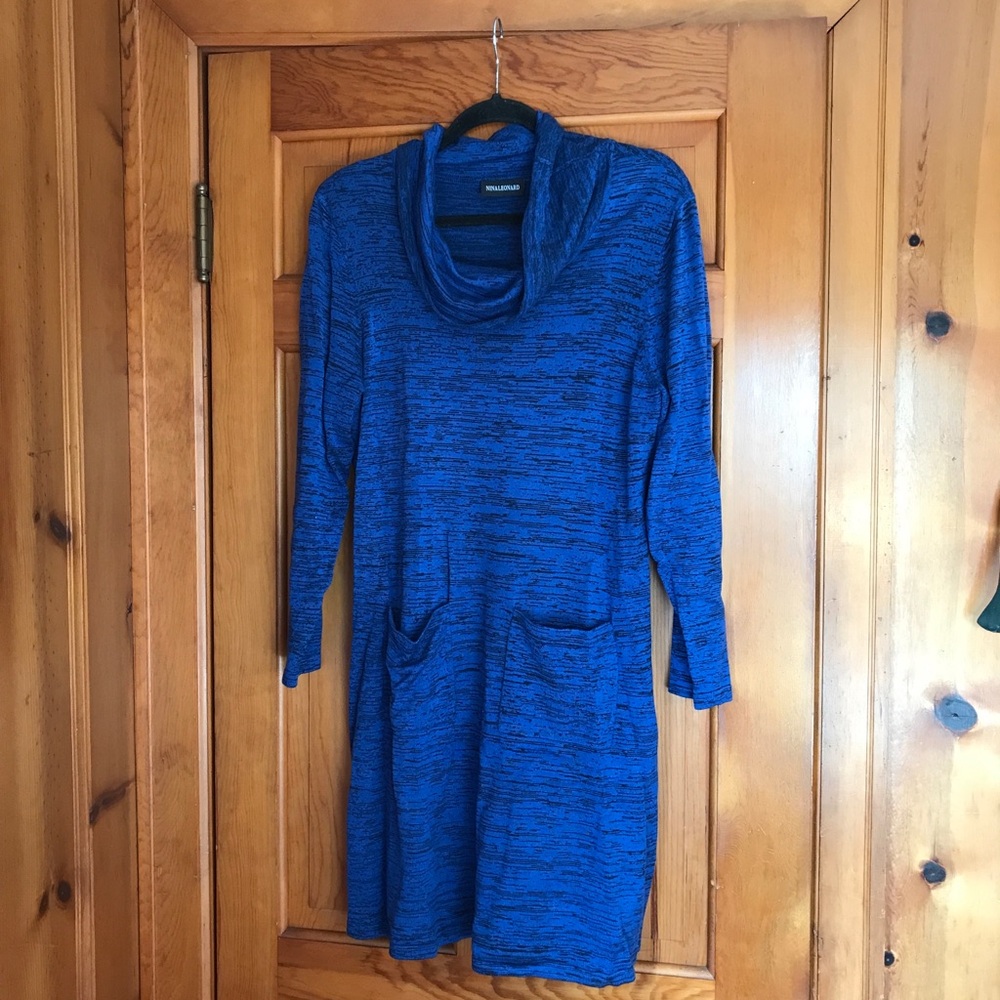 Nina Leonard Blue Cowl Neck Sweater Dress